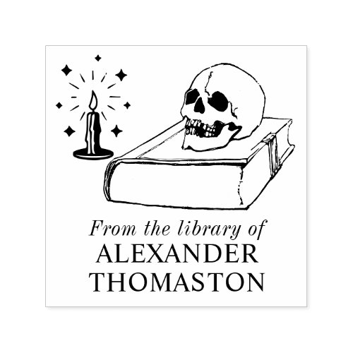 Gothic Skull on Open Book Candle Library Book Name Self_inking Stamp