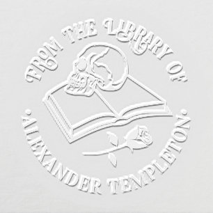 Gothic Skull on Open Book with Rose Library Name Embosser