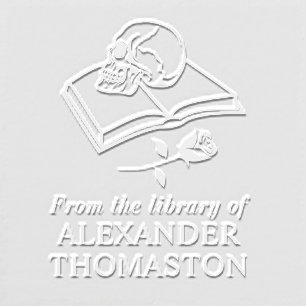 Gothic Skull on Open Book with Rose S Library Name Embosser