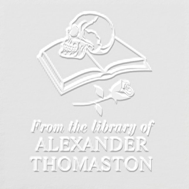 Gothic Skull on Open Book with Rose S Library Name Embosser (Design)