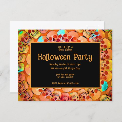 Gothic Skull Orange Abstract Halloween Party Invitation Postcard