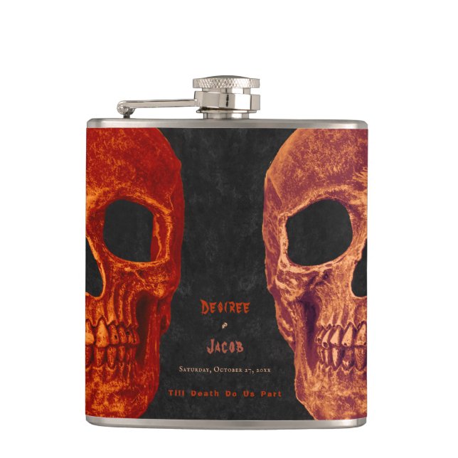 Gothic Skull Orange Black Hallowedding Flask (Front)