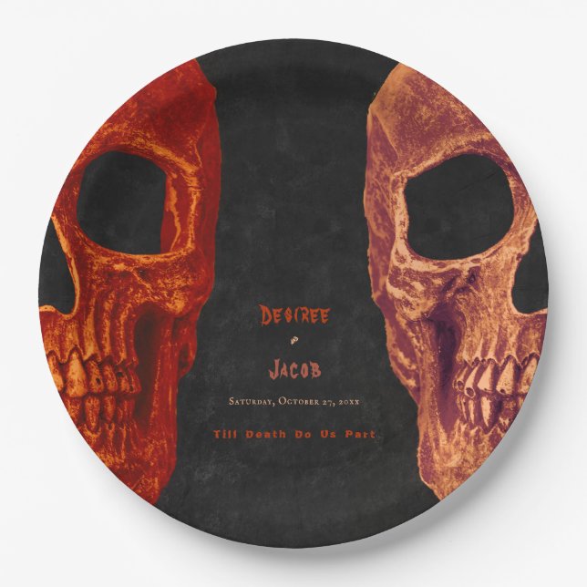 Gothic Skull Orange Black Halloween Paper Plates (Front)