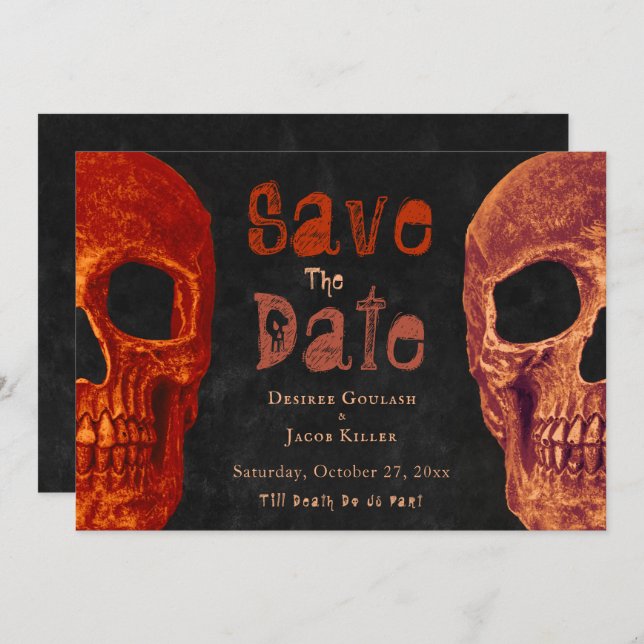 Gothic Skull Orange Black Halloween Save The Date (Front/Back)