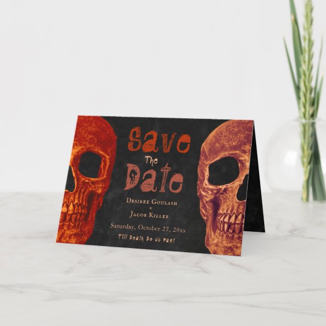 Gothic Skull Orange Black Halloween Save The Date Announcement (Front)