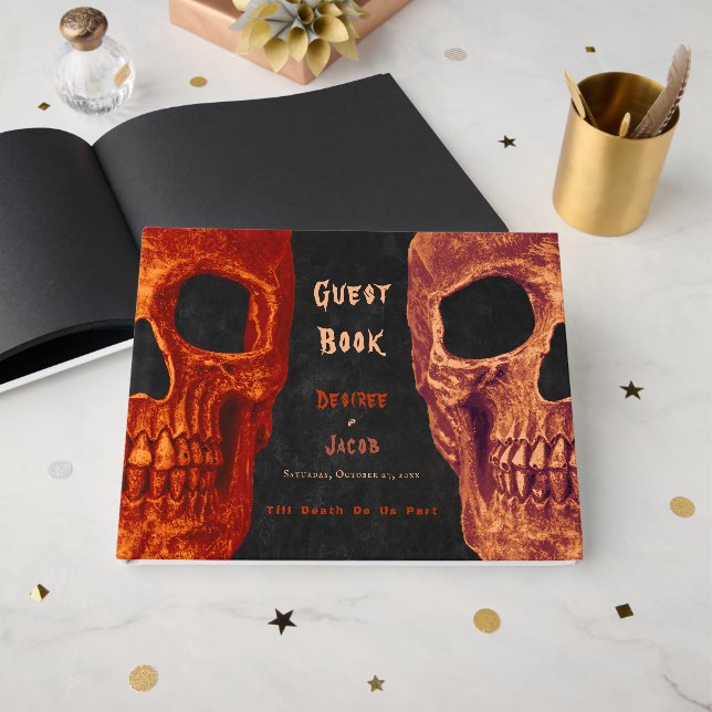Gothic Skull Orange Black Halloween Wedding Guest Book (Front Open)
