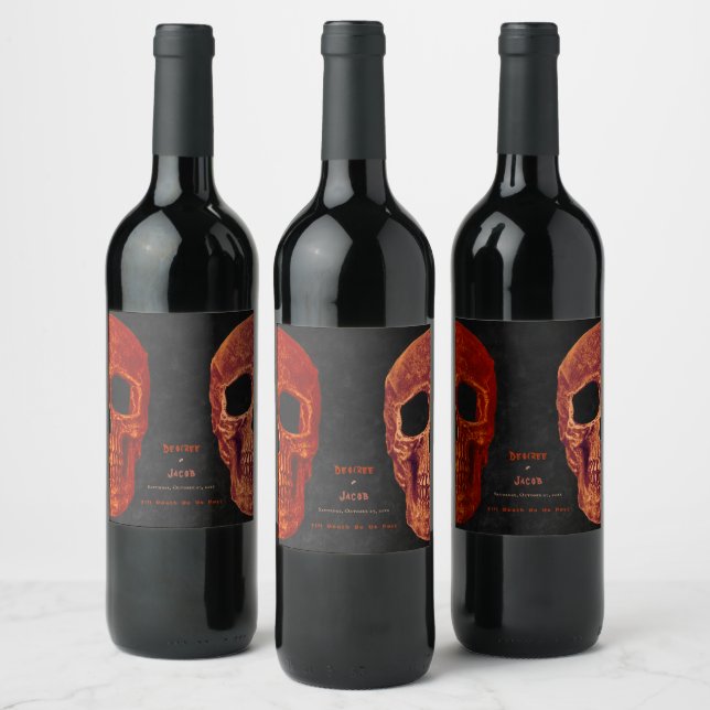 Gothic Skull Orange Black Halloween Wedding Wine Label (Bottles)