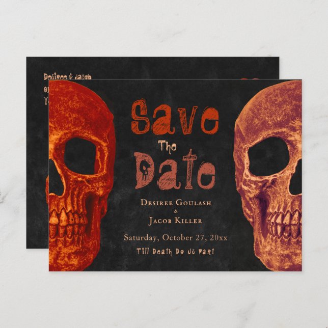 Gothic Skull Orange Black Save The Date Announcement Postcard (Front/Back)