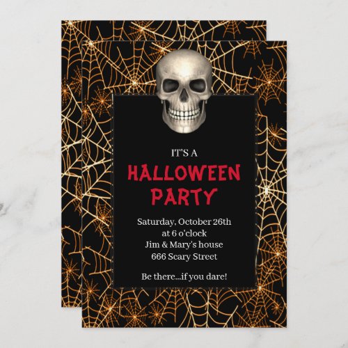 Gothic Skull Orange Spider Web Halloween Party Invitation