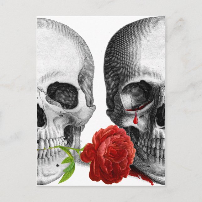 Gothic Skull Pair Dark Romance Blood Tear Rose Announcement Postcard (Front)
