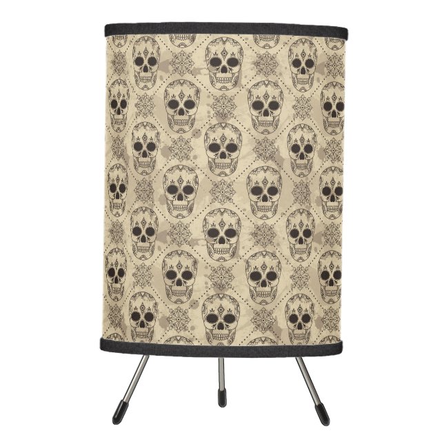 Gothic Skull Pattern on Aged Paper Texture Tripod Lamp (Front)