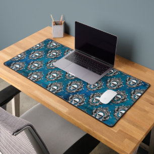 Gothic Skull Pattern on Blue Desk Mat