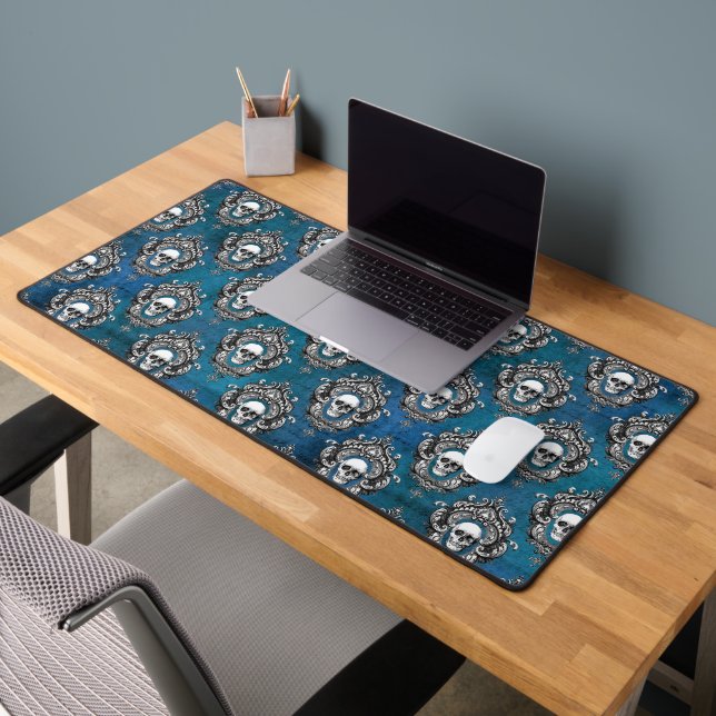 Gothic Skull Pattern on Blue Desk Mat (Office 2)