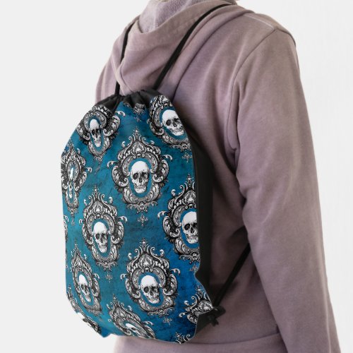 Gothic Skull Pattern on Blue Drawstring Bag