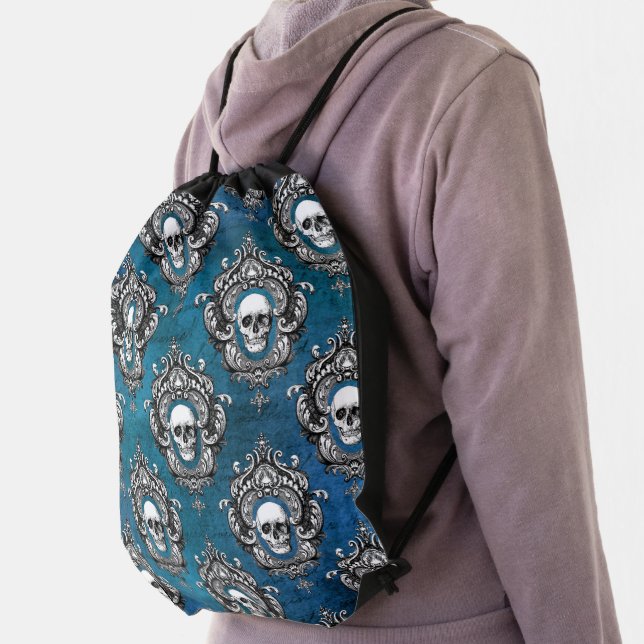 Gothic Skull Pattern on Blue Drawstring Bag (Insitu)
