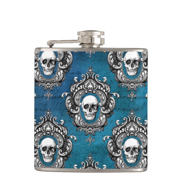 Gothic Skull Pattern on Royal Blue Flask (Front)