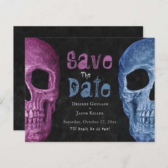 Gothic Skull Pink Blue Budget Save The Date (Front/Back)