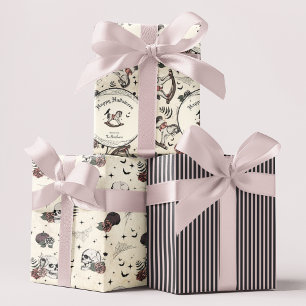 Gothic Skull Pink Roses Pumpkin Girl Halloween Wrapping Paper Sheets