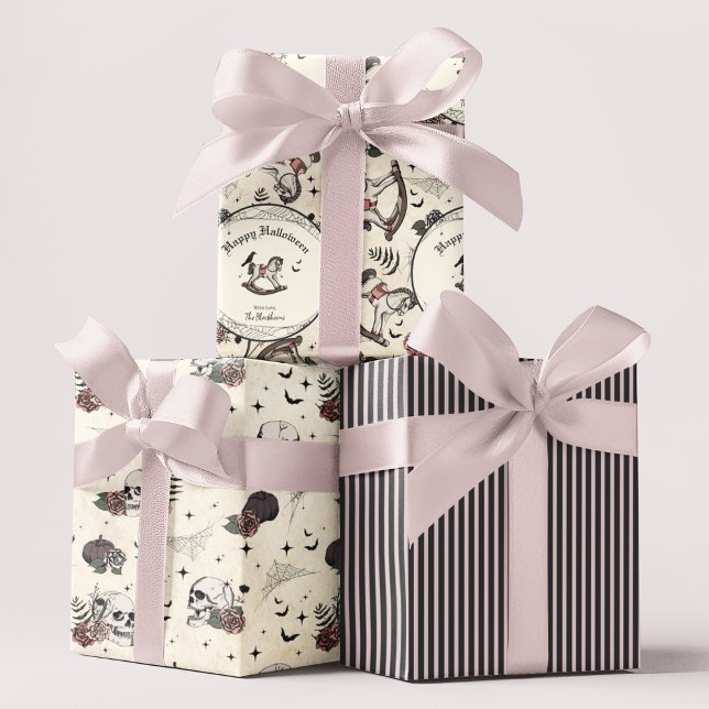 Gothic Skull Pink Roses Pumpkin Girl Halloween Wrapping Paper Sheets (Gothic Halloween Baby Girl Pattern. Rocking Horse, Cute Goth Skulls & Roses, Pink & Black Stripes)