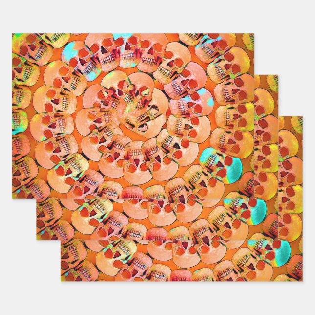 Gothic Skull Pop Art Orange Cool Spiral Pattern Wrapping Paper Sheets (Set)