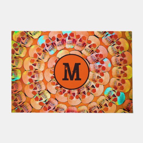 Gothic Skull Pop Art Orange Monogram Cool Spiral Doormat