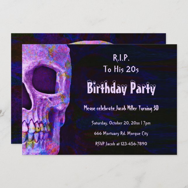 Gothic Skull Purple Birthday Party RIP To His 20s Invitation (Front/Back)