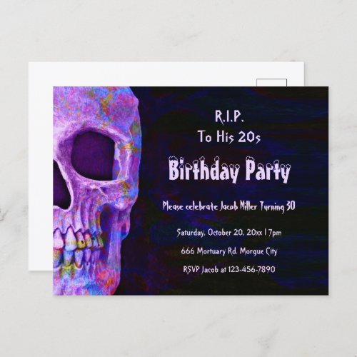 Gothic Skull Purple Birthday Party RIP To His 20s Invitation Postcard