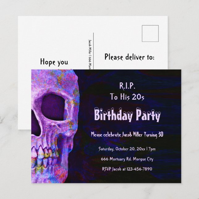 Gothic Skull Purple Birthday Party RIP To His 20s Invitation Postcard (Front/Back)