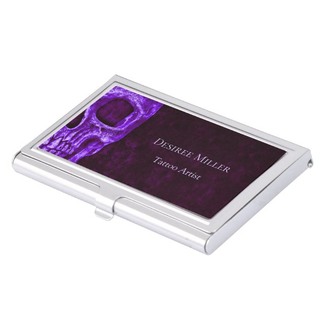 Gothic Skull Purple Burgundy Tattoo Shop Business Card Case (Front)