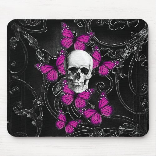 Gothic skull  purple butterflies mouse pad