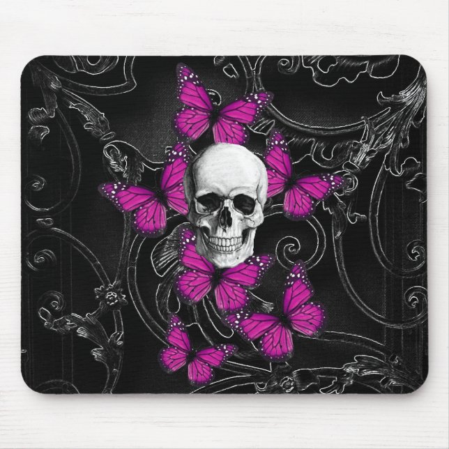 Gothic skull & purple butterflies mouse pad (Front)