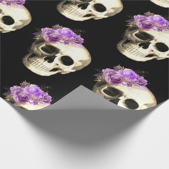  Gothic Skull Purple Rose Pattern Halloween Wrapping Paper (Corner)