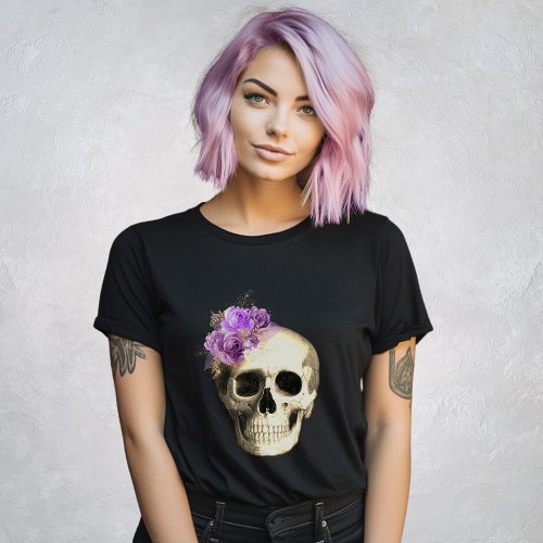 Gothic Skull Purple Roses Black T_Shirt