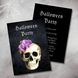 Gothic Skull Purple Roses Halloween Party Invitation