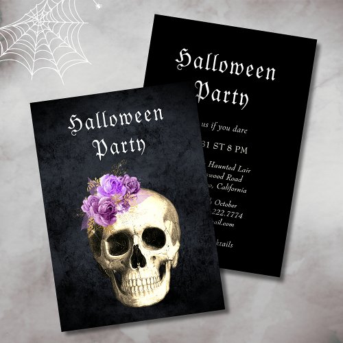  Gothic Skull Purple Roses Halloween Party Invitation