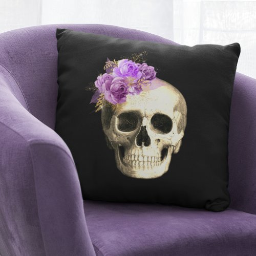 Gothic Skull Purple Roses Halloween Throw Pillow