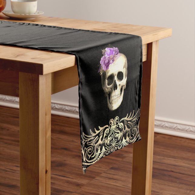 Gothic Skull Purple Roses Medium Table Runner (In Situ)