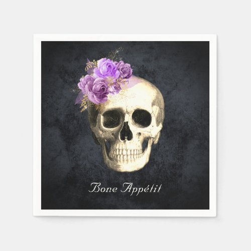 Gothic Skull Purple Roses Personalized Halloween Napkins