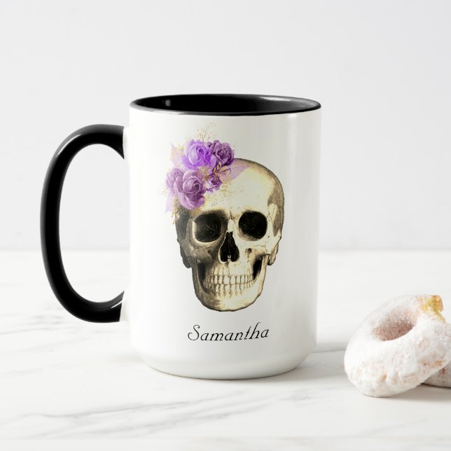Gothic Skull Purple Roses Personalized Mug (With Donut)