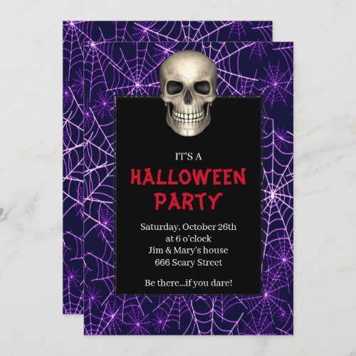 Gothic Skull Purple Spider Web Halloween Party Invitation