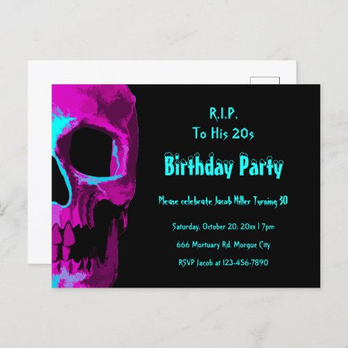 Gothic Skull Purple Teal Birthday RIP To His 20s  Invitation Postcard