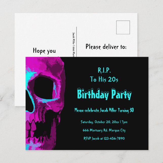 Gothic Skull Purple Teal Birthday RIP To His 20s  Invitation Postcard (Front/Back)