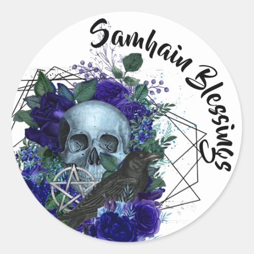 Gothic Skull  Raven Purple Samhain Blessings Classic Round Sticker