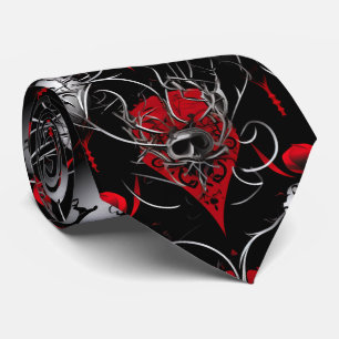 Gothic Skull Red Black and Gray Line Art Neck Tie