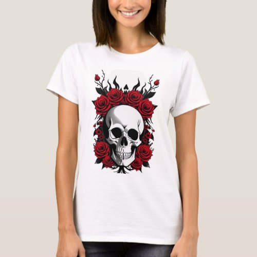 Gothic skull red flowers tshirt 