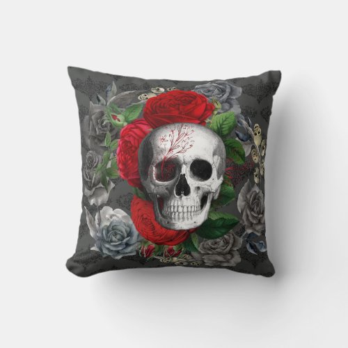 Gothic Skull Red Gray Roses Floral Design Throw Pillow