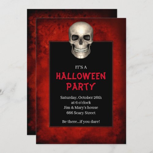Gothic Skull Red Grunge Halloween Party Invitation