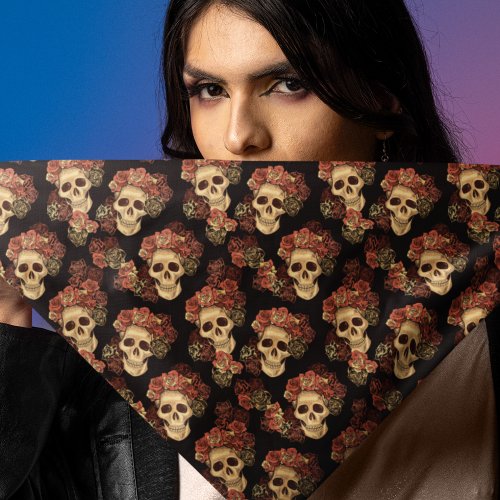 Gothic Skull Red Rose Black Halloween Pattern Bandana