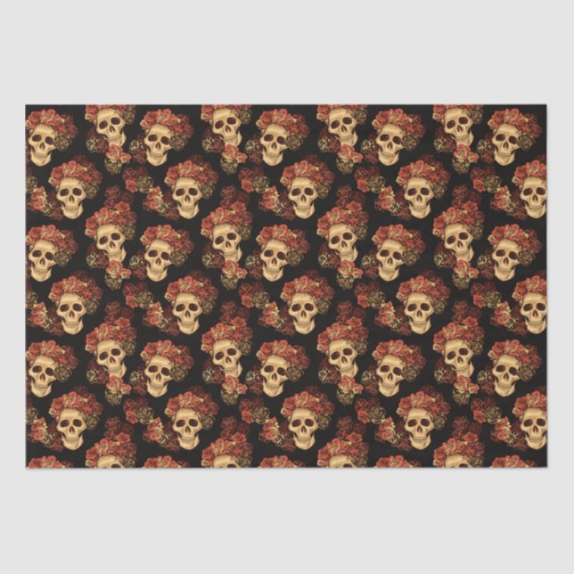 Gothic Skull Red Rose Black Halloween Pattern Tissue Paper (Front)