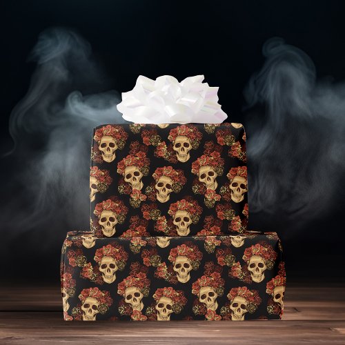 Gothic Skull Red Rose Black Halloween Pattern Wrapping Paper